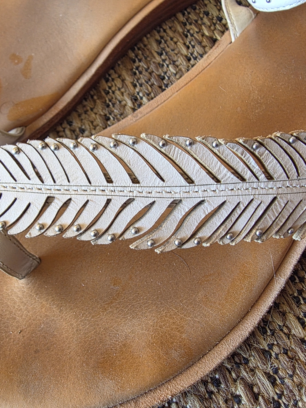 Coach Cream Leather Feather-Trim Flat Sandals